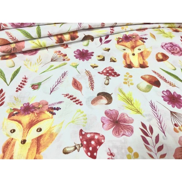 Cotton Fabric - Painted Foxes in the Forest on White