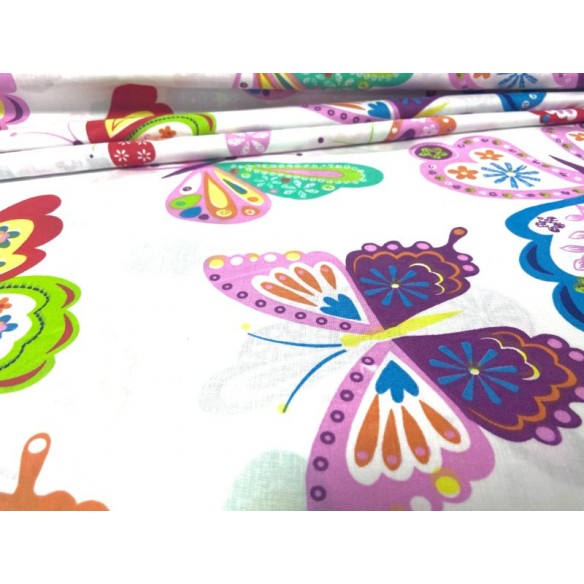 Cotton Fabric - Painted Butterflies on White