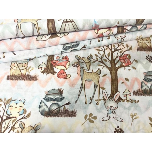 Cotton Fabric - Deer Bunnies Teepees on White