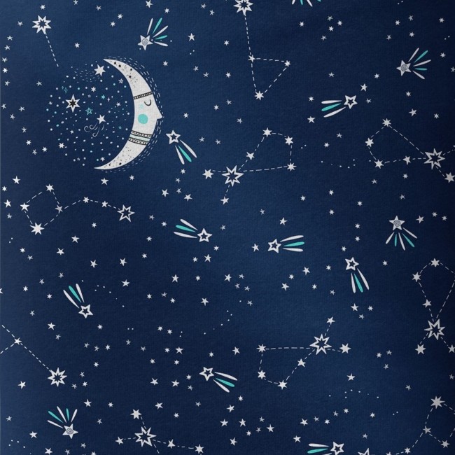 Satin Cotton Fabric - Moons on Navy Blue