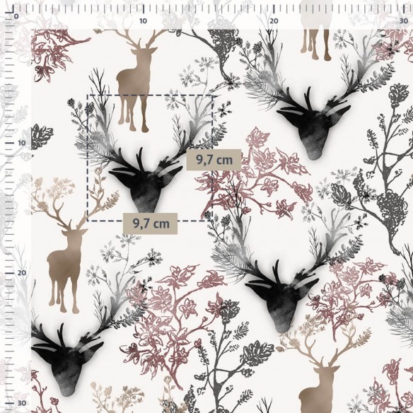 Satin Cotton Fabric - Dear and Antlers on Ecru