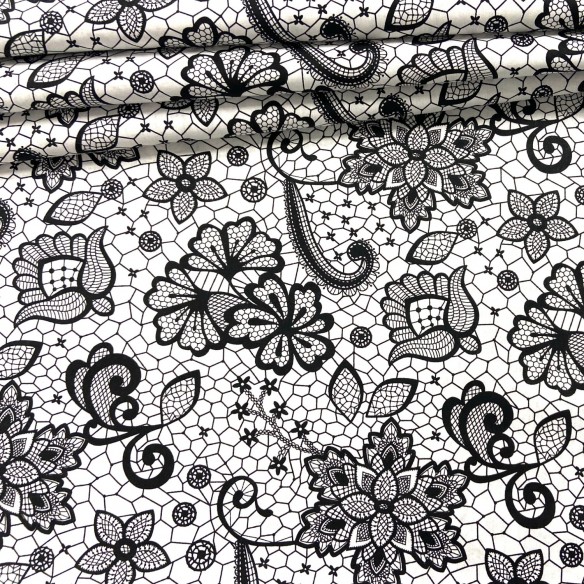 Cotton Fabric - Black Lace on White