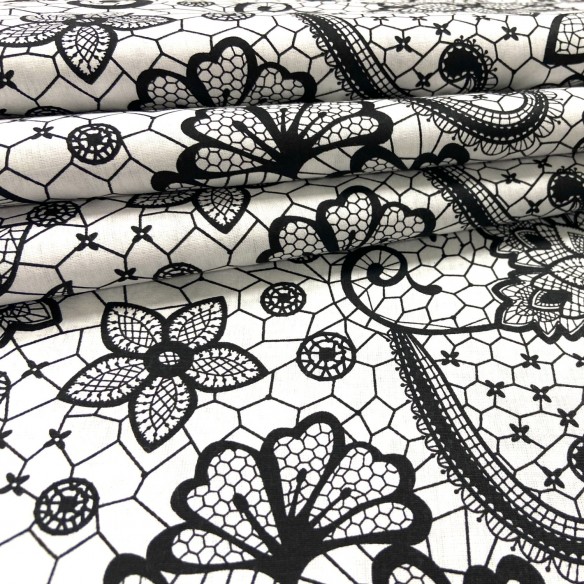 Cotton Fabric - Black Lace on White