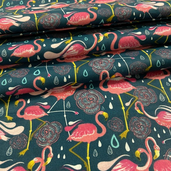 Cotton Farbic - Flamingos and Droplets on Navy Blue