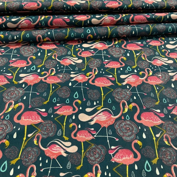 Cotton Farbic - Flamingos and Droplets on Navy Blue