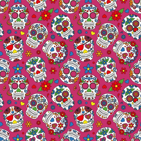 Printed Single Jersey - Mexican Skulls Maroon