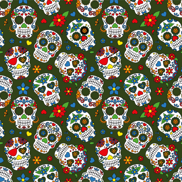 Printed Single Jersey - Mexican Skulls Khaki