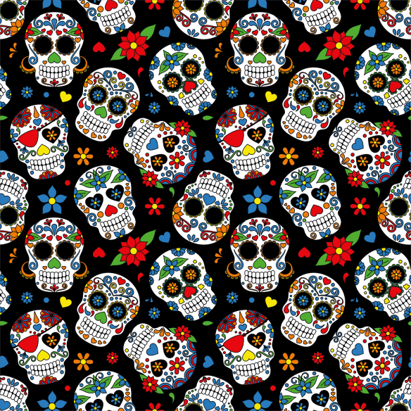 Printed Single Jersey - Mexican Skulls on Black