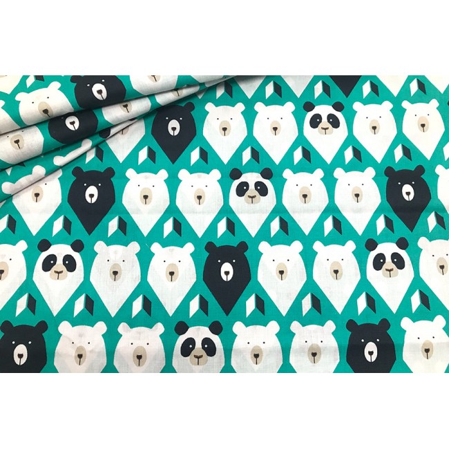 Cotton Fabric - Bears and Pandas on Green