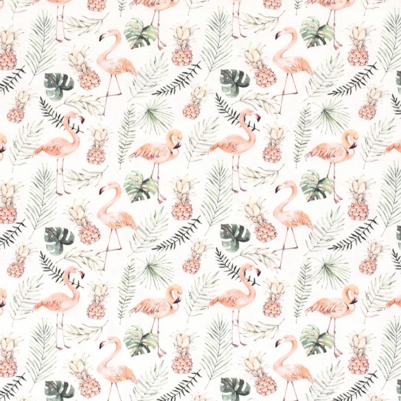 Printed Single Jersey - Flamingos and Fern