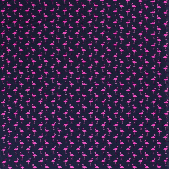 Printed Single Jersey - Flamingos Neon on Navy Blue