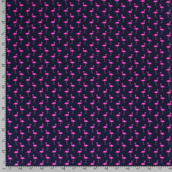 Printed Single Jersey - Flamingos Neon on Navy Blue