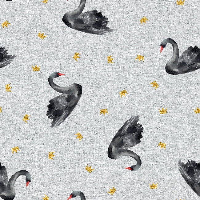 Printed Tracksuit Knitted Fabric French Terry - Swans on Gray