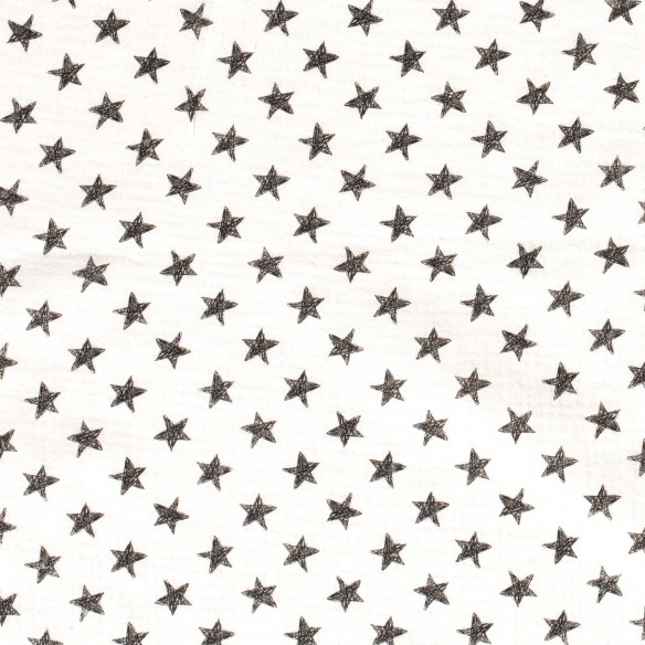 Cotton Muslin Double Gauze Premium - Black Stars on White