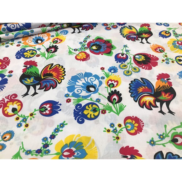 Cotton Fabric - Folklore Rooster White