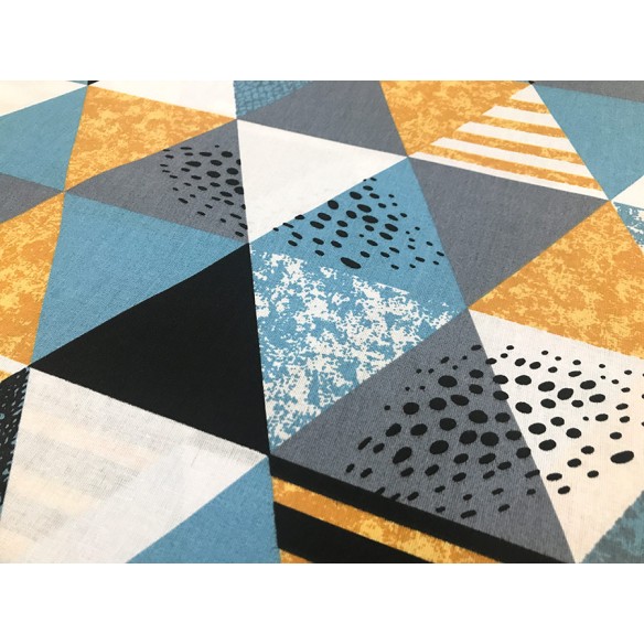 Cotton Fabric - Blue Grey and Yellow Triangles
