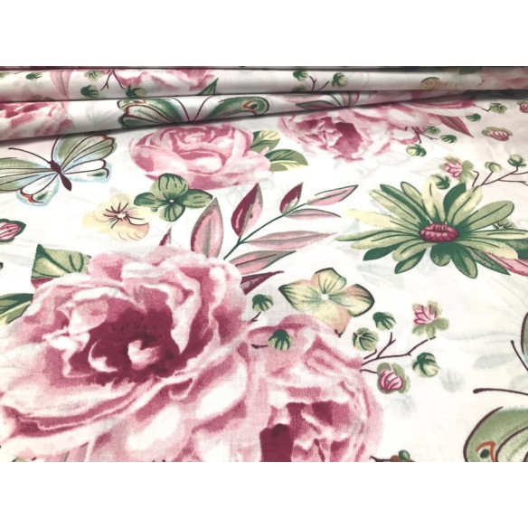 Cotton Fabric - Flowers Roses and Butterflies
