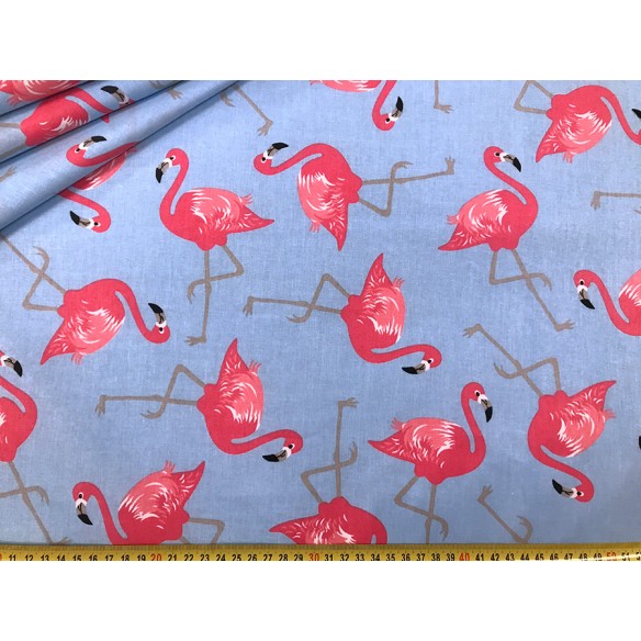 Katoenstof - Flamingo's op blauw
