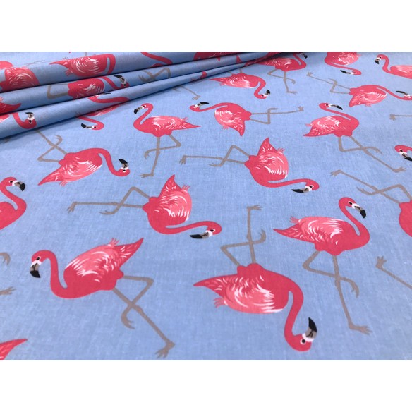 Cotton Fabric - Flamingos on Blue
