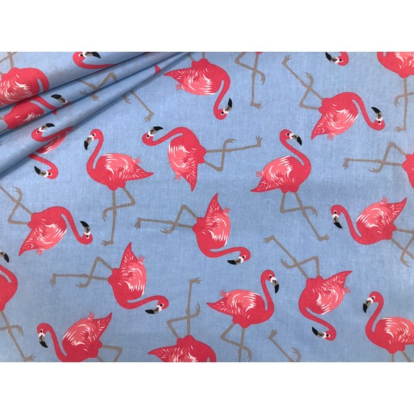 Cotton Fabric - Flamingos on Blue
