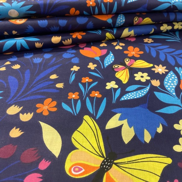 Cotton Fabric - Butterflies Garden Indigo