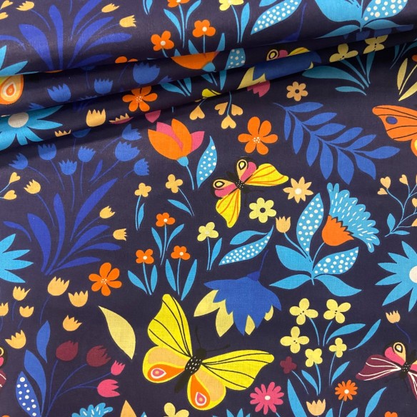Cotton Fabric - Butterflies Garden Indigo