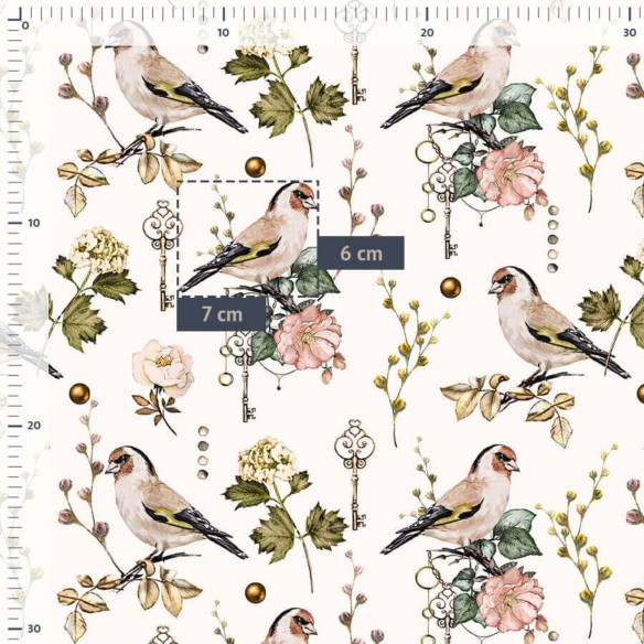 Satin Cotton Fabric - Sparrows with Keys