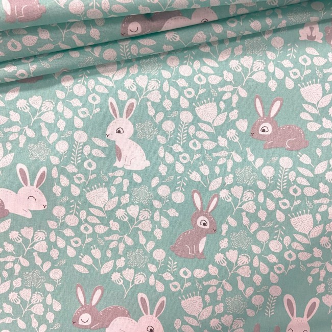 Cotton Fabric - Bunnies on Mint
