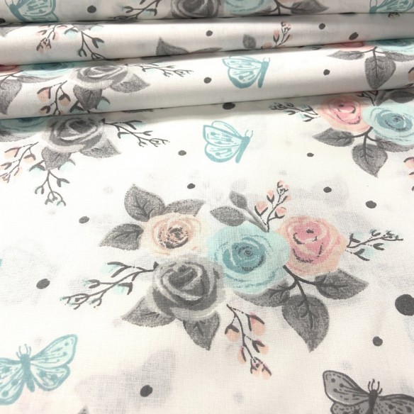Cotton Fabric - Colorful Roses and Butterflies on White