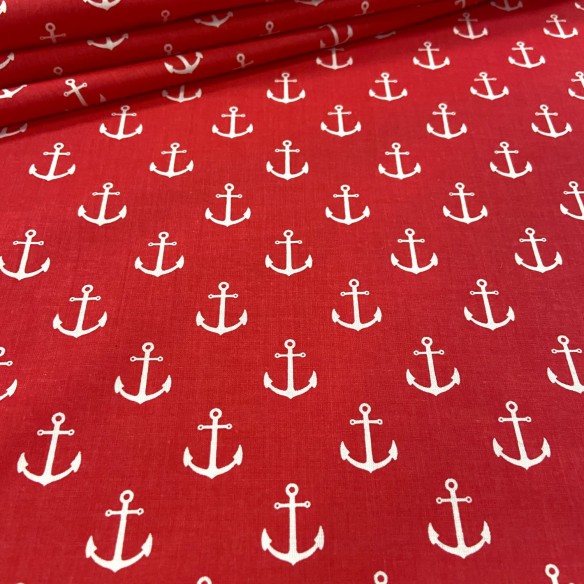 Cotton Fabric - White Anchors on Red