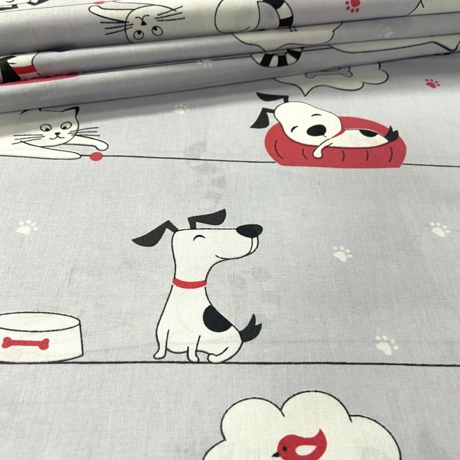Cotton Fabric - Dogs and Cats with a Bowl on a Line Red