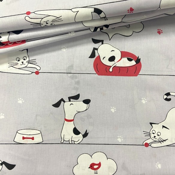 Cotton Fabric - Dogs and Cats with a Bowl on a Line Red