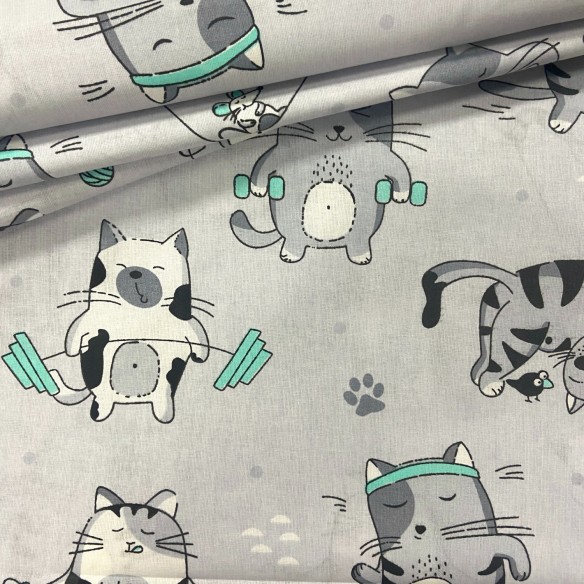 Cotton Fabric - Fit Cats Mint
