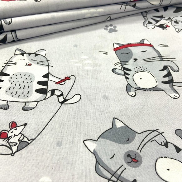Cotton Fabric - Fit Cats Red