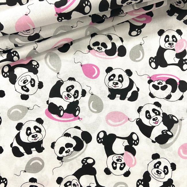 Cotton Fabric - Pandas with Pink-Grey Balloons