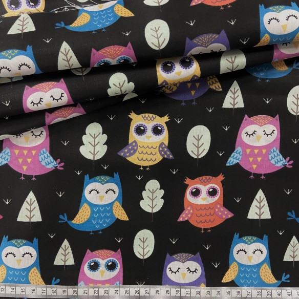 Cotton Fabric - Owls In The Forest on Black Background