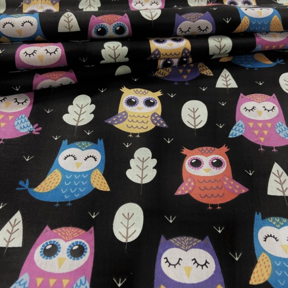 Cotton Fabric - Owls In The Forest on Black Background