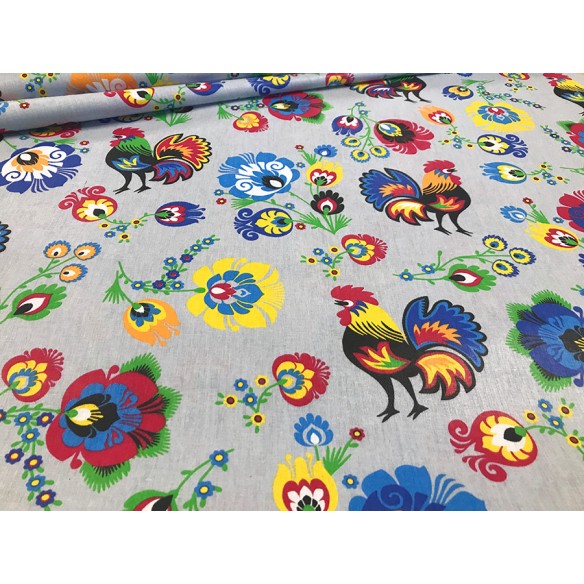 Cotton Fabric - Folklore Rooster Grey
