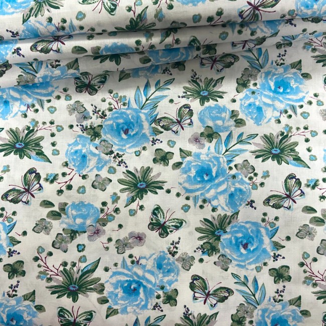 Cotton Fabric - Flowers Roses Butterflies Blue Mini