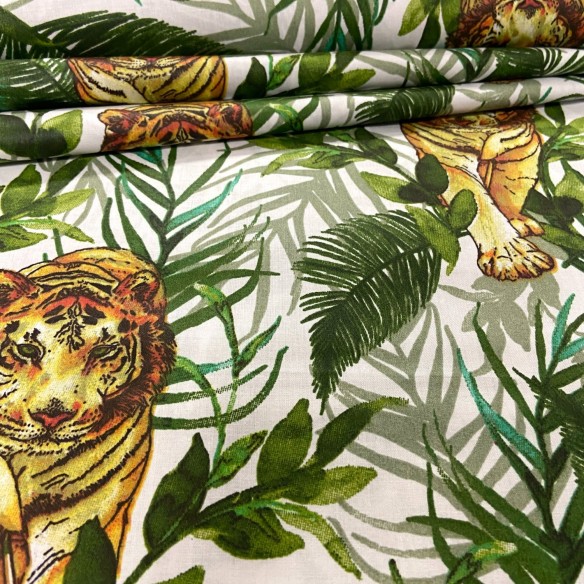Cotton Fabric - Tigers and Leaves on White