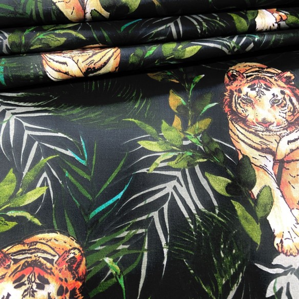Cotton Fabric - Tigers and Leaves on Black