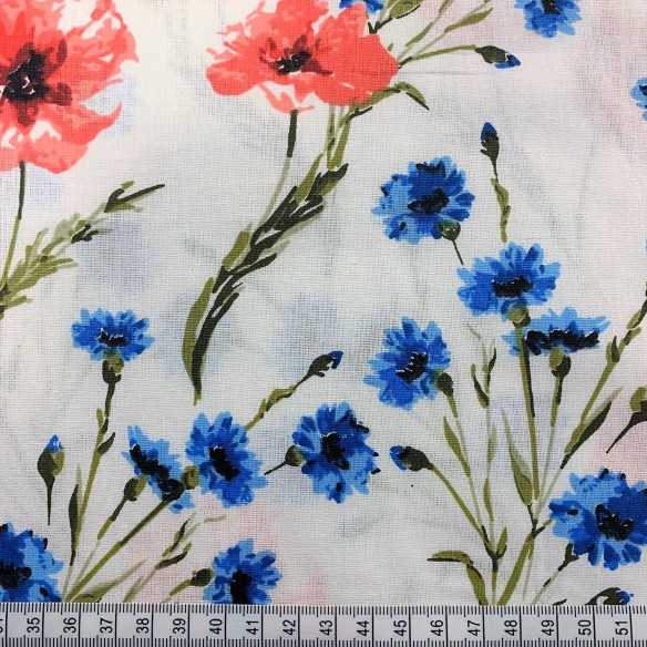 Cotton Fabric - Red-Blue Poppy