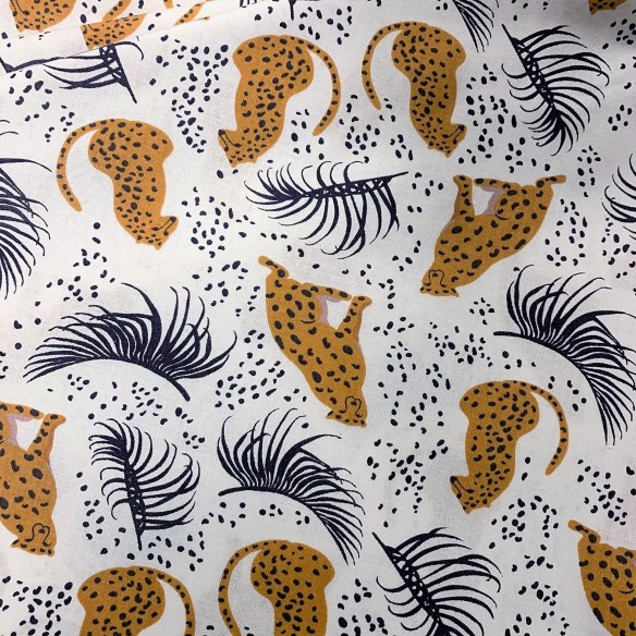 Cotton Fabric - Tigers Palm Leaves and Stains on White