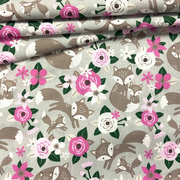 Cotton Fabric - Foxes in Flowers Beige