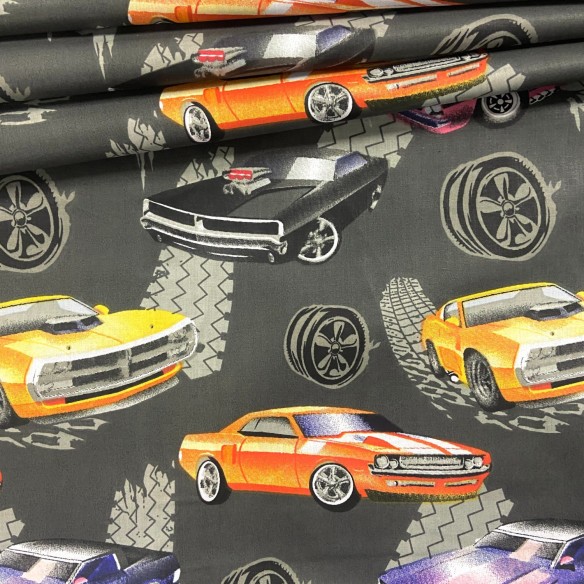 Cotton Fabric - Sports Cars and Tires Graphite