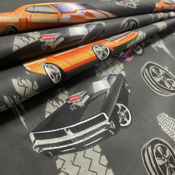 Cotton Fabric - Sports Cars and Tires Graphite
