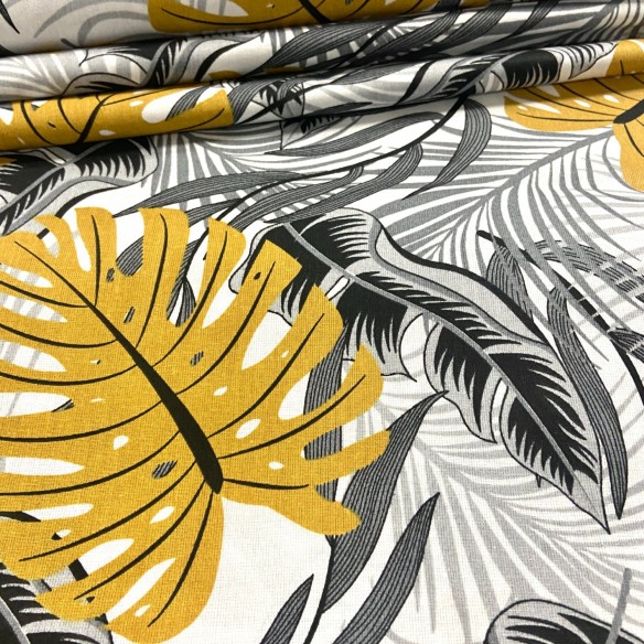 Cotton Fabric - Gold-Grey Monstera Leaves