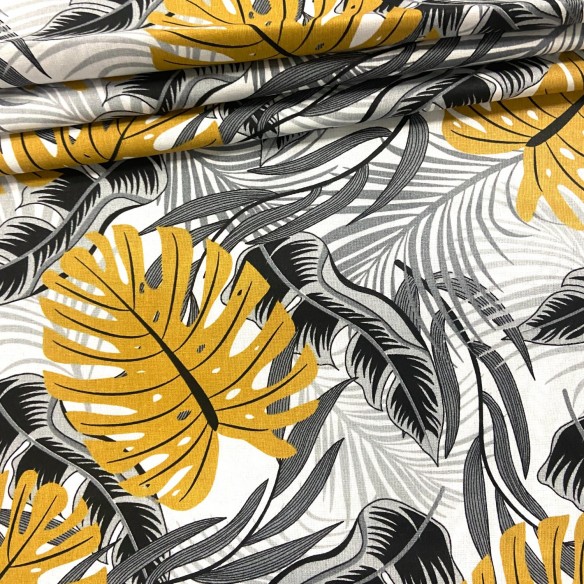 Cotton Fabric - Gold-Grey Monstera Leaves