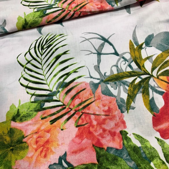 Cotton Fabric - Palm And Pink Flower