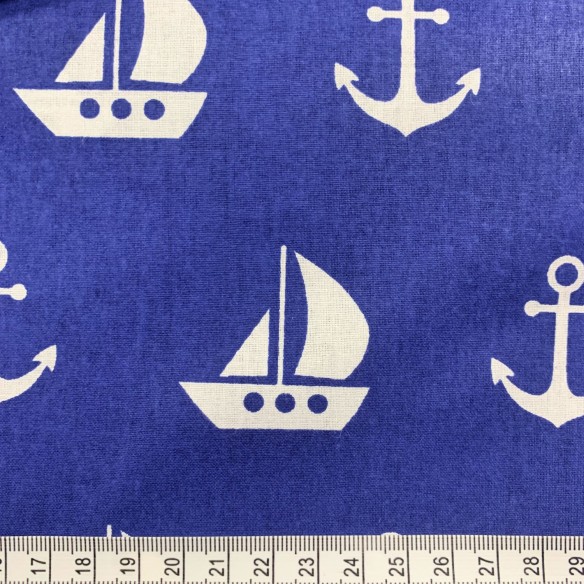 Bavlnená látka - Plachetnice a kotvy námornícka modrá